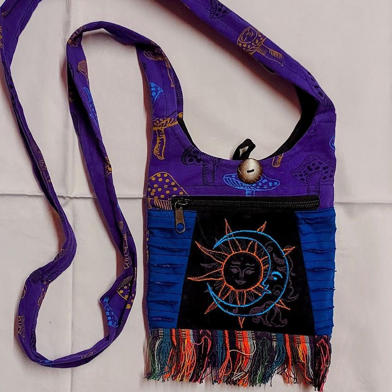 BLUE Cross Body Sun, Moon & Mushroom Passport Bag
