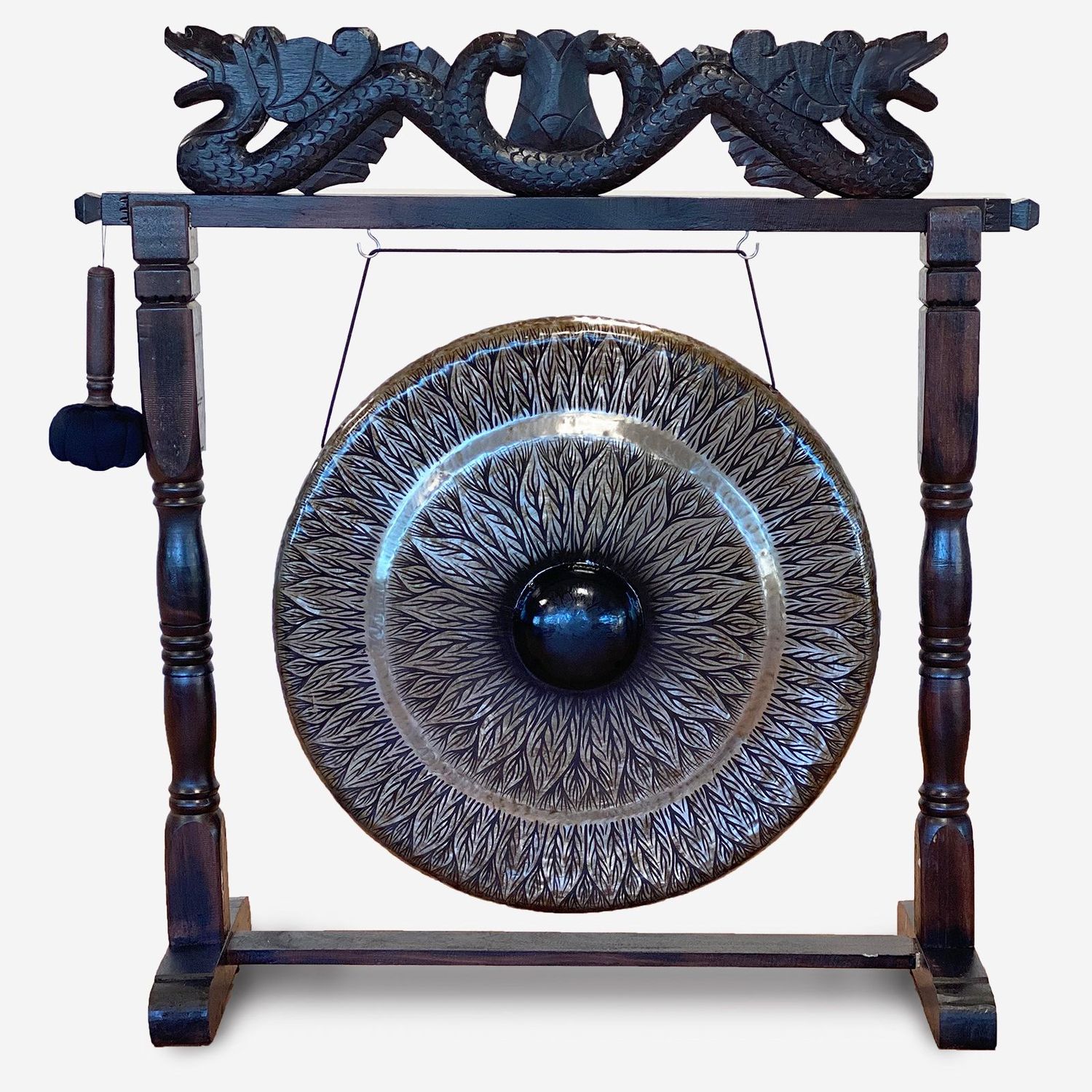 Large Gong in Brown Antique Stand - 80cm - Black - pattern Large Gong in Brown Antique Stand - 80cm - Black - pattern