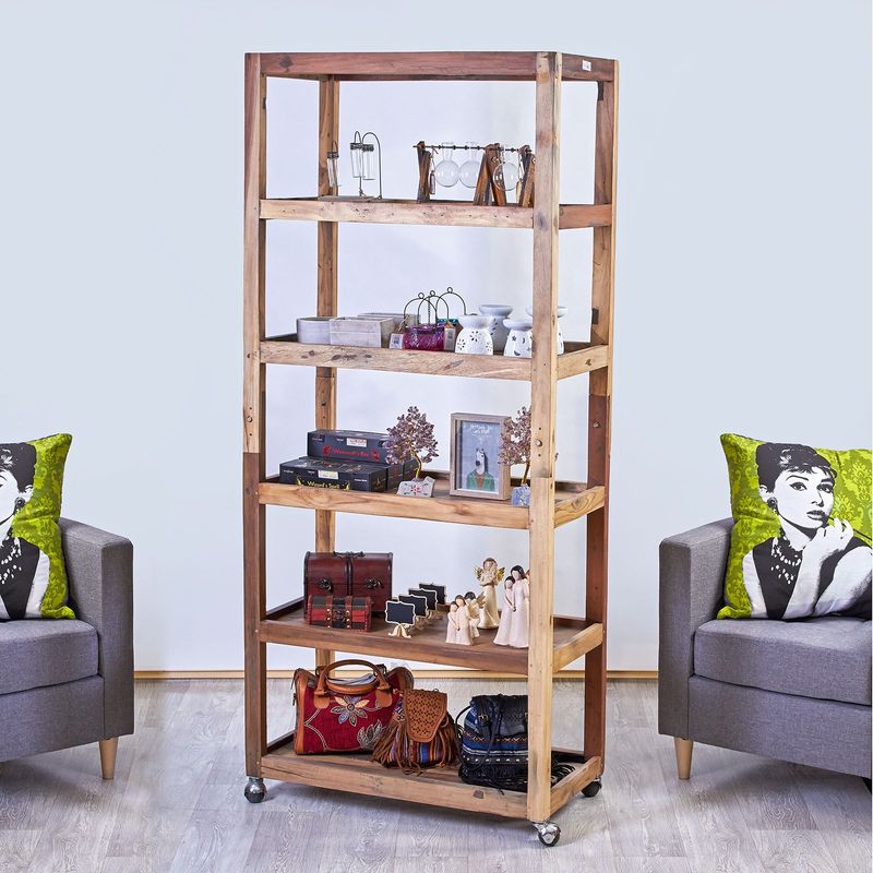 Six Shelf Display, Storage or Book shelves with Casters - Created by recycling Teak from Retired Fishing Boats Six Shelf Display, Storage or Book shelves with Casters - Created by recycling Teak from Retired Fishing Boats