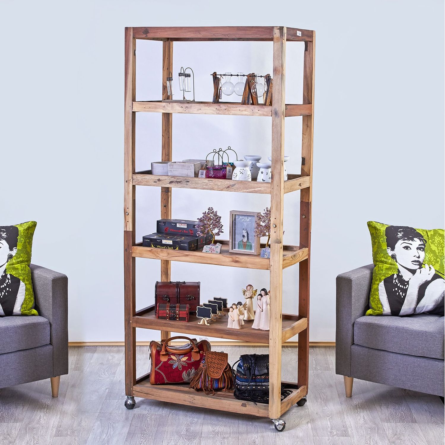 Six Shelf Display, Storage or Book shelves with Casters - Created by recycling Teak from Retired Fishing Boats Six Shelf Display, Storage or Book shelves with Casters - Created by recycling Teak from Retired Fishing Boats