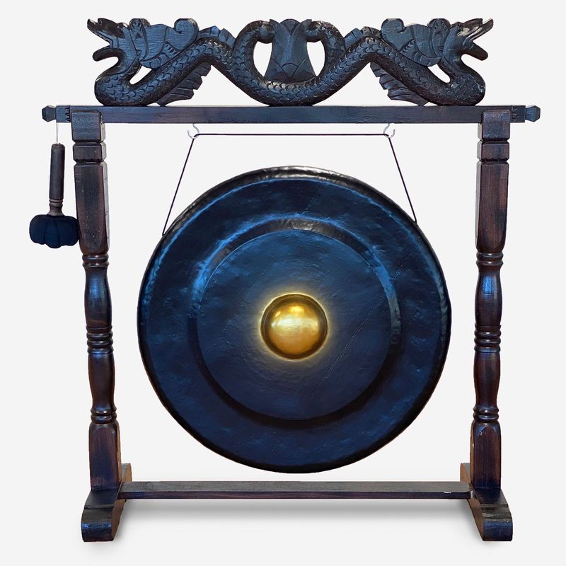 Large Gong in Brown Antique Stand - 80cm - Black Large Gong in Brown Antique Stand - 80cm - Black