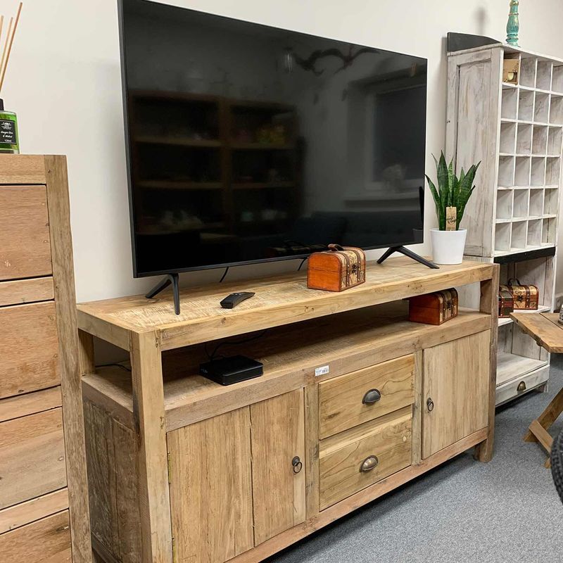 Large TV Stand - Hand-made in Bali using mostly upcycled teak wood from retired fishing boats. 140cmx40cmx 75cm Large TV Stand - Hand-made in Bali using mostly upcycled teak wood from retired fishing boats. 140cmx40cmx 75cm