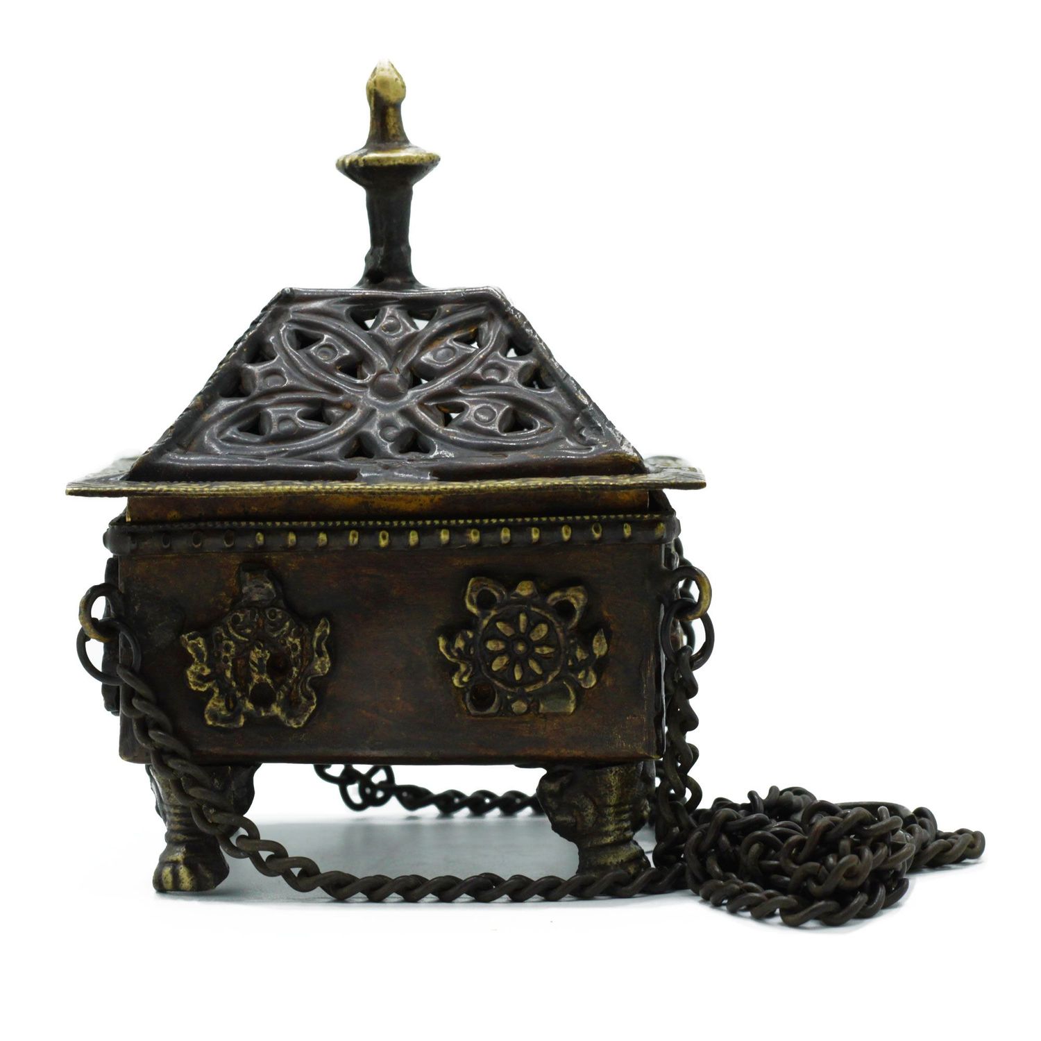 Brass Tibetan Burner - Eight Symbols Square Hanging Pot Brass Tibetan Burner - Eight Symbols Square Hanging Pot