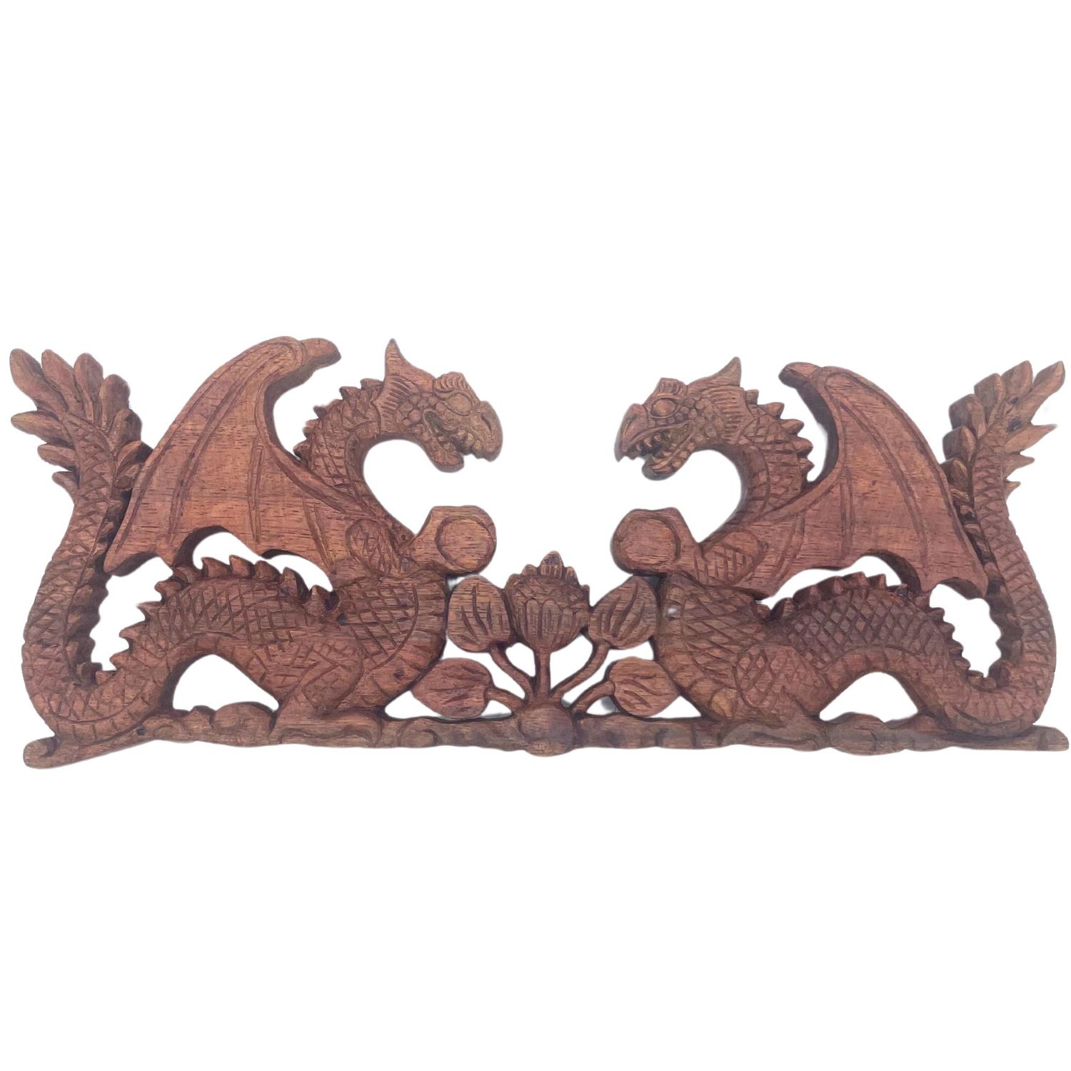 Suar Wood Two Facing Dragon Plaque Carving - 40x15cm Suar Wood Two Facing Dragon Plaque Carving - 40x15cm