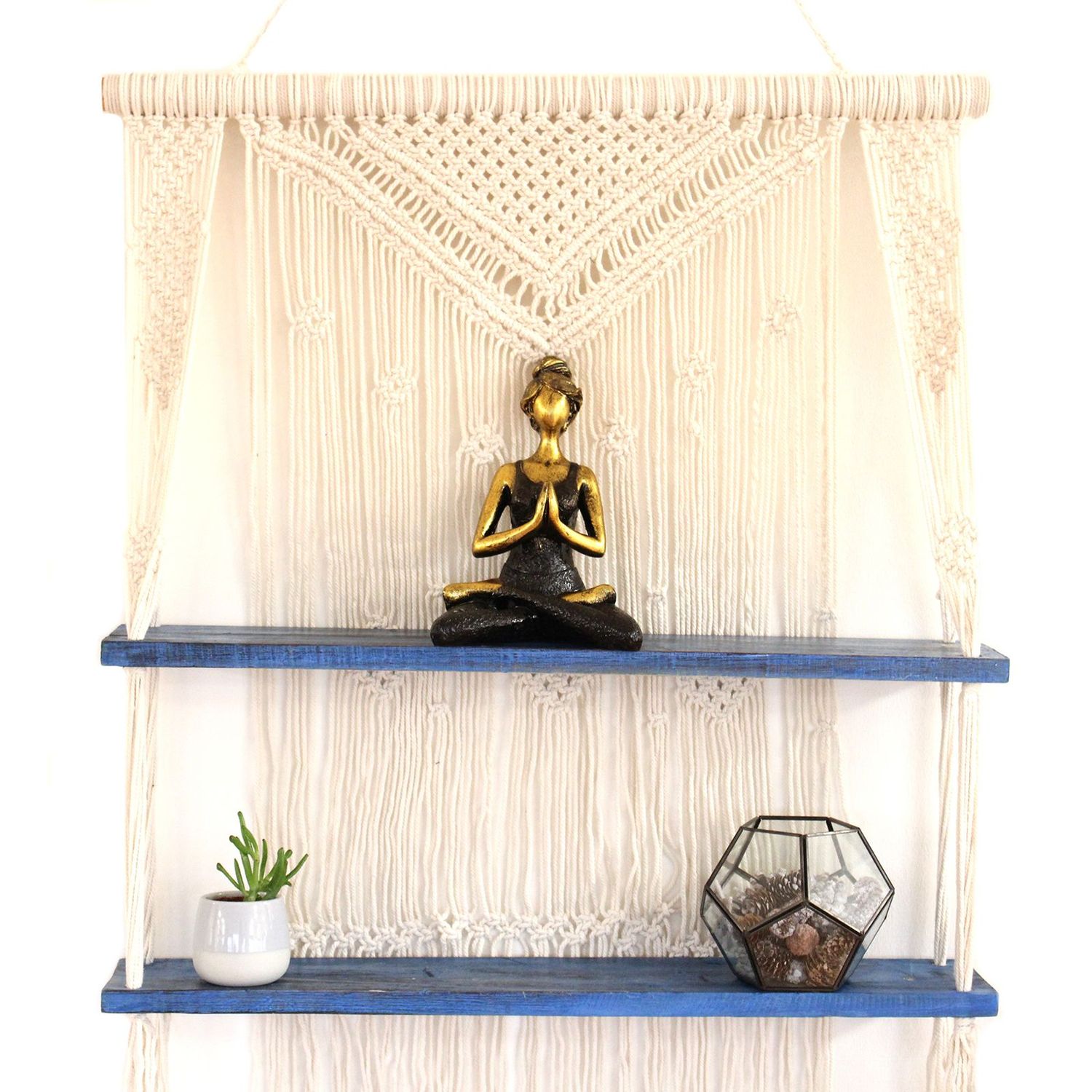 Natural Macrame Hanging Shelves - Blue Natural Macrame Hanging Shelves - Blue