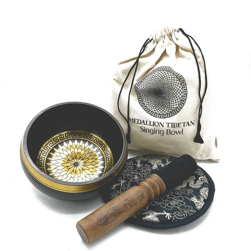 Hand Beaten & Engraved Singing Bowl Gift Set - 14cm - Round Medallions Hand Beaten & Engraved Singing Bowl Gift Set - 14cm - Round Medallions