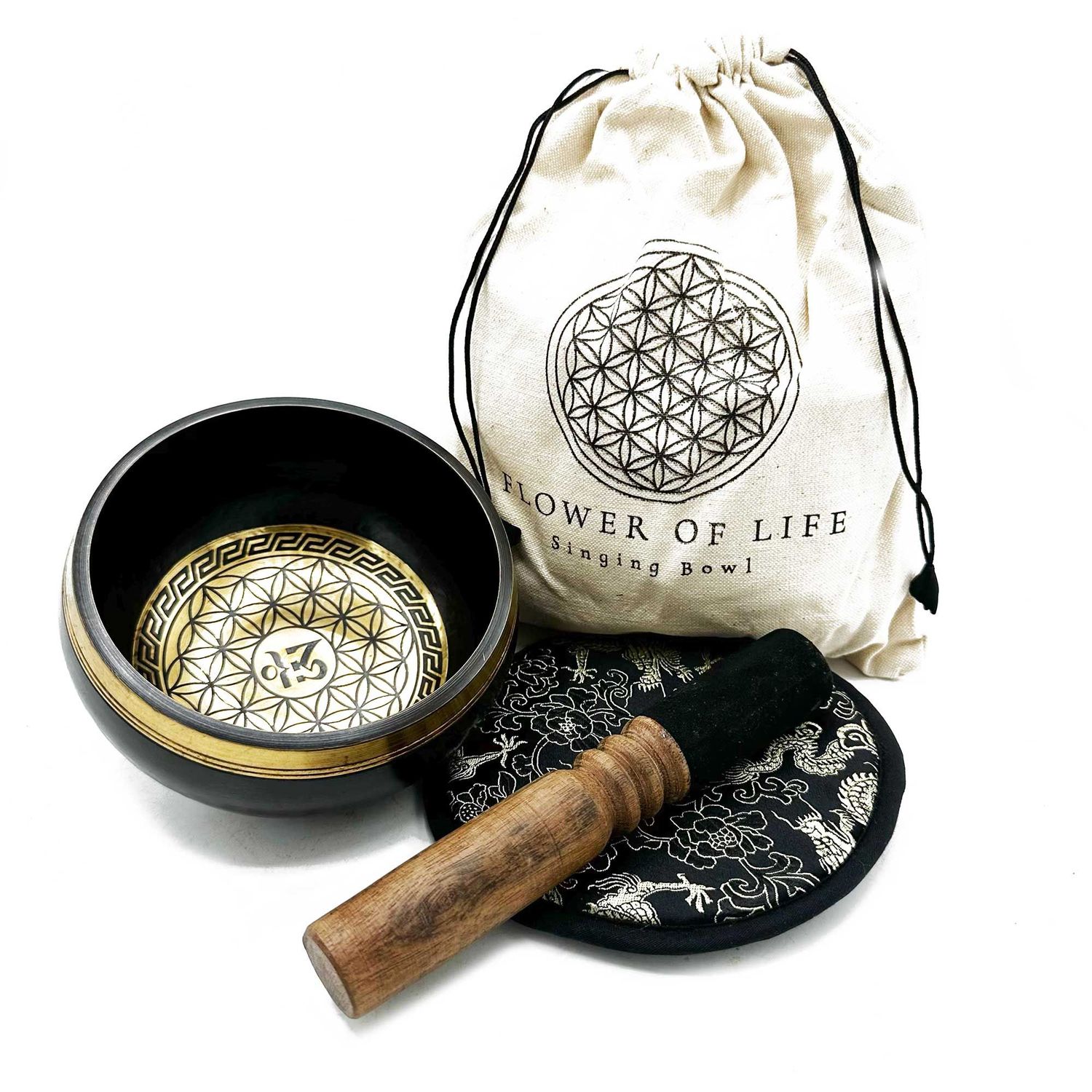 Hand Beaten & Engraved Singing Bowl Gift Set - 14cm - Flower of Life Hand Beaten & Engraved Singing Bowl Gift Set - 14cm - Flower of Life