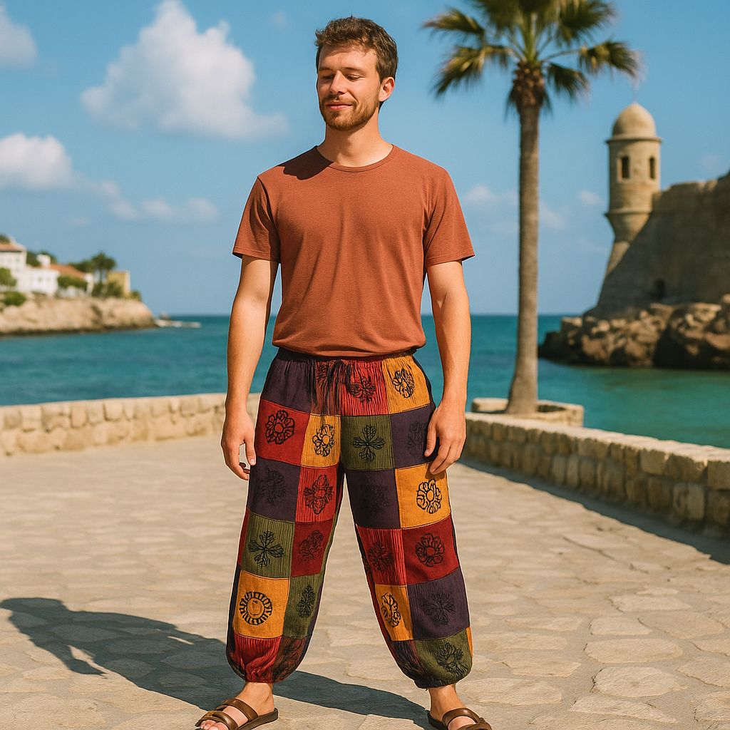 Nomad Sari - Mushroom Pants - Block Print Designs - Orange Tones L/XL Nomad Sari - Mushroom Pants - Block Print Designs - Orange Tones L/XL