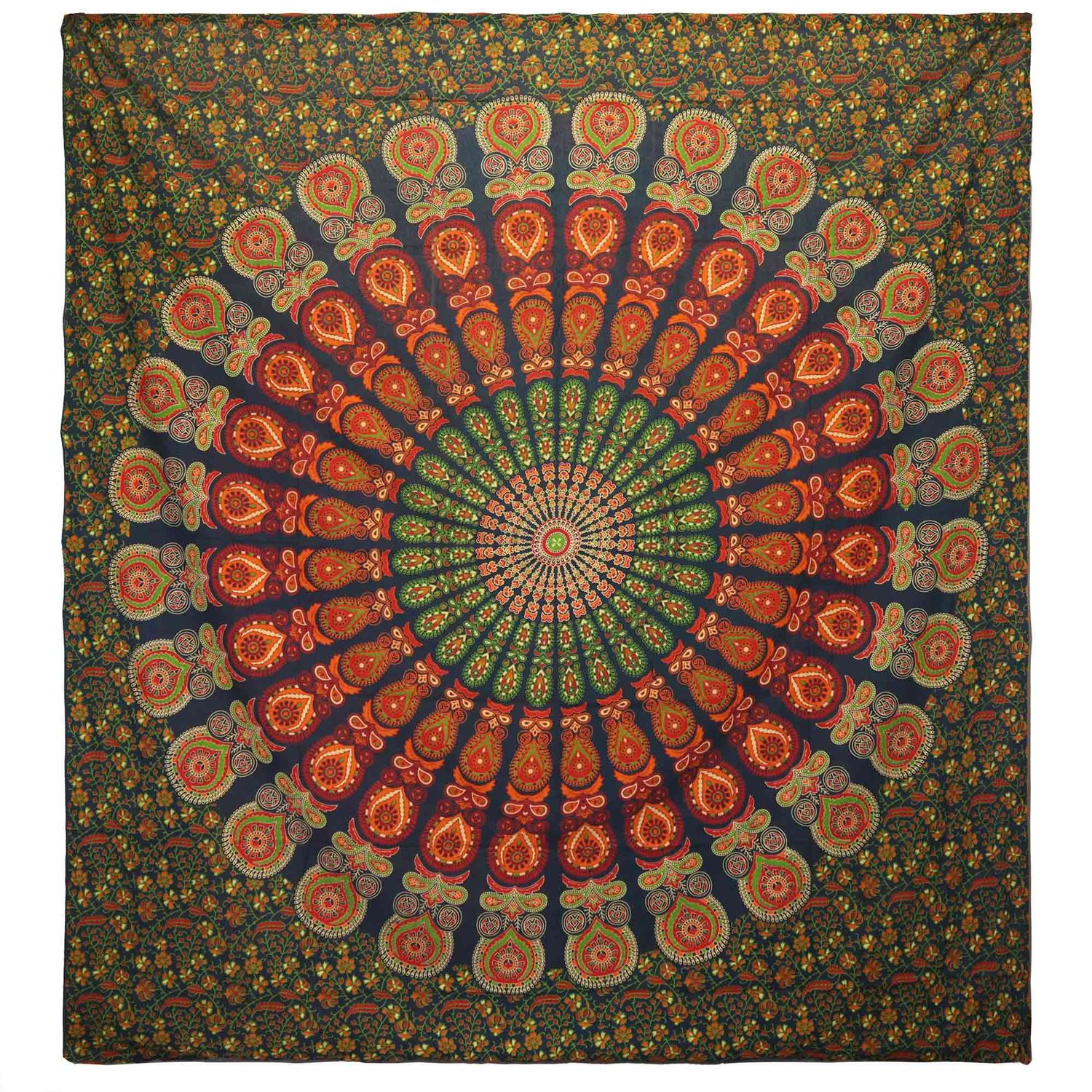 Double Cotton Bedspread + Wall Hanging - Peacock Mandala - Green Double Cotton Bedspread + Wall Hanging - Peacock Mandala - Green