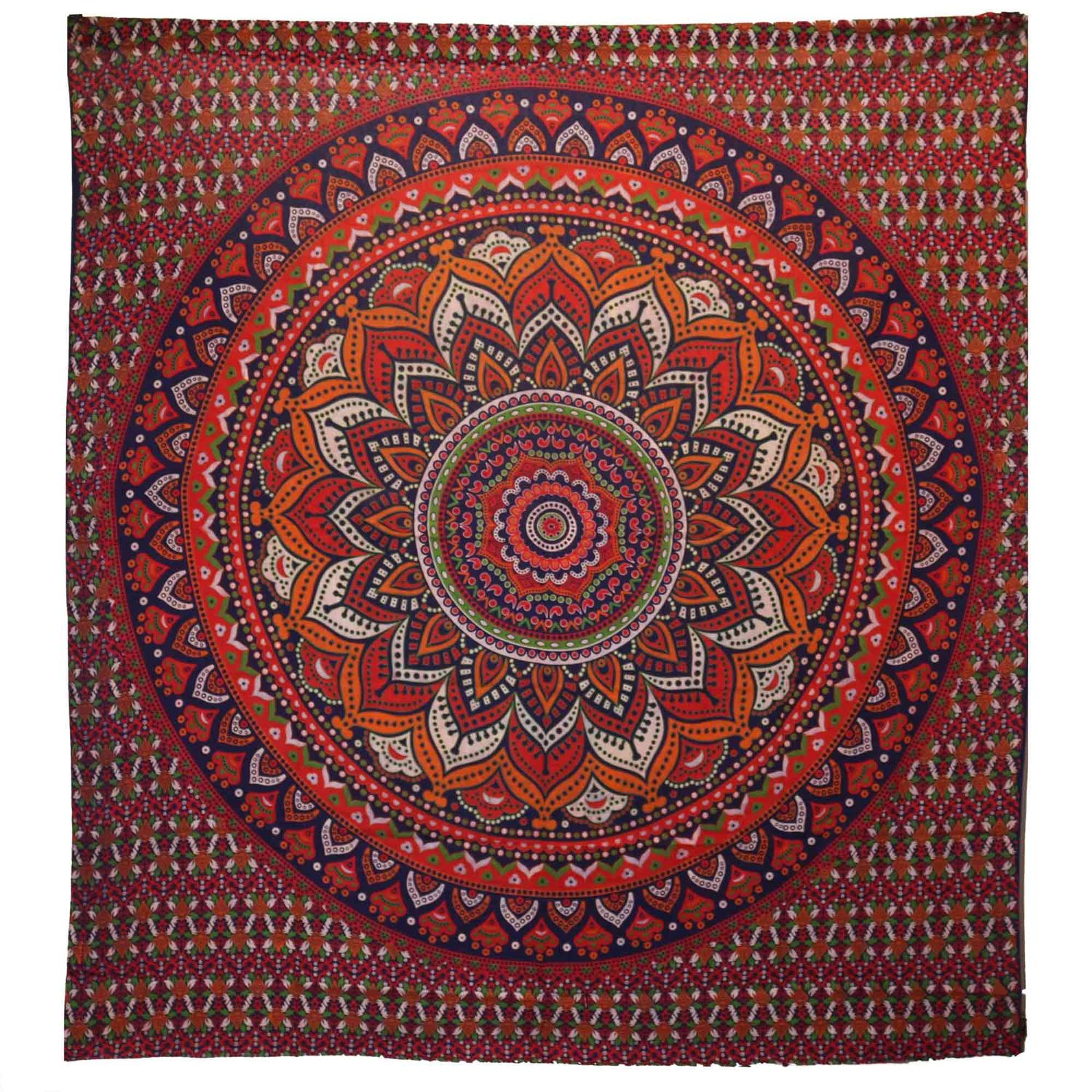 Double Cotton Bedspread + Wall Hanging - Classic Mandala - Orange / Blue Double Cotton Bedspread + Wall Hanging - Classic Mandala - Orange / Blue