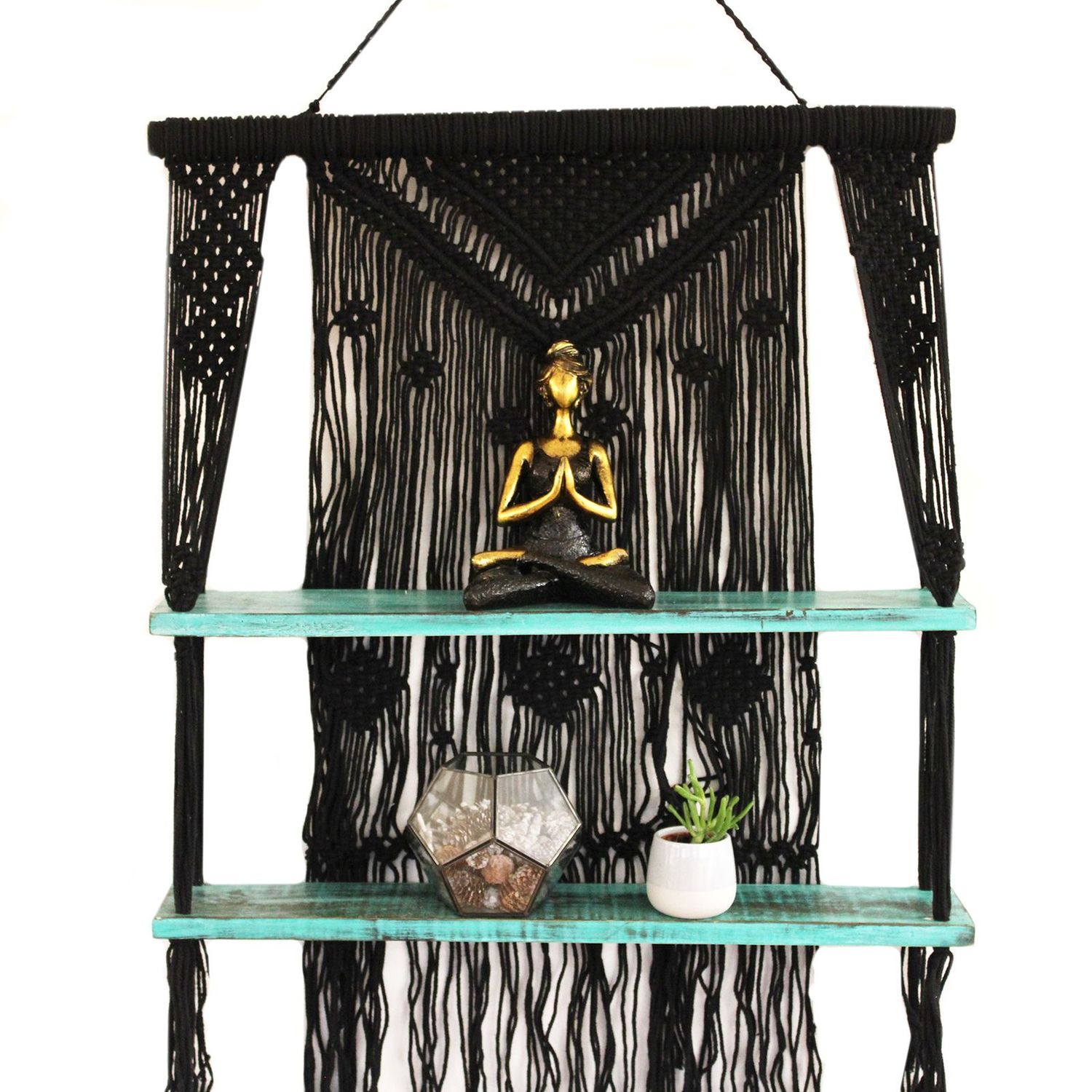 Black Macrame Hanging Shelves - Turquoise Black Macrame Hanging Shelves - Turquoise