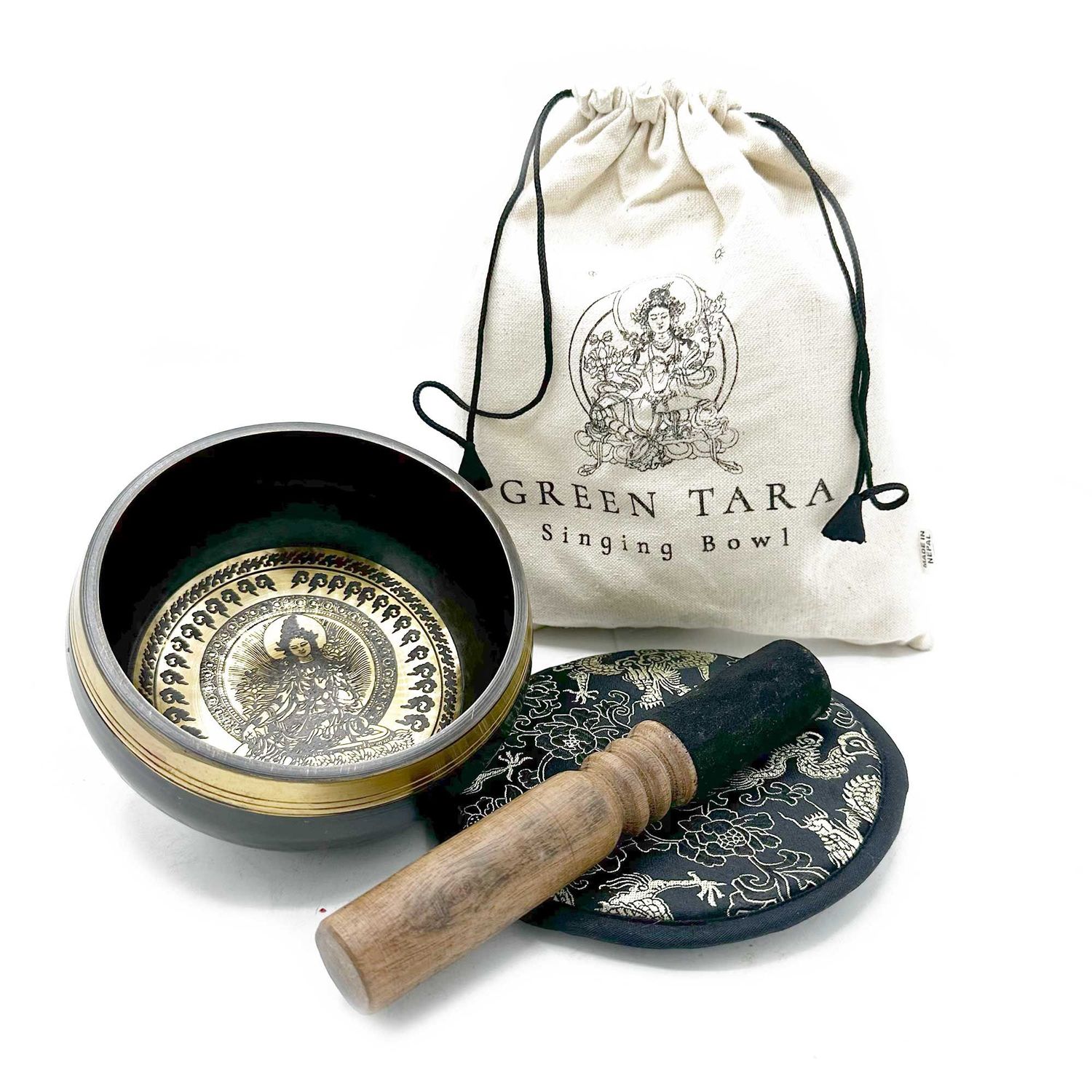 Hand Beaten & Engraved Singing Bowl Gift Set - 14cm - Green Tara Hand Beaten & Engraved Singing Bowl Gift Set - 14cm - Green Tara