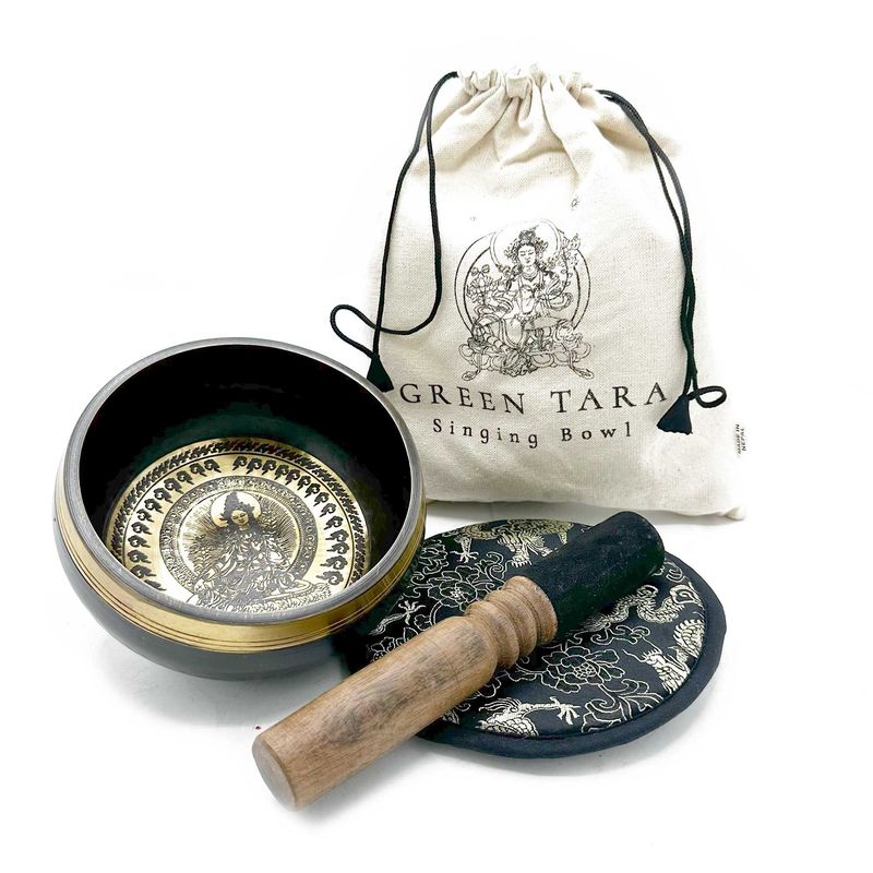 Hand Beaten & Engraved Singing Bowl Gift Set - 14cm - Green Tara Hand Beaten & Engraved Singing Bowl Gift Set - 14cm - Green Tara
