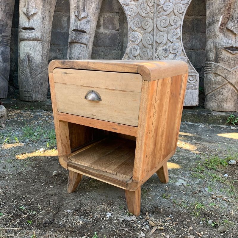 Rounded Bedside Storage Table - Recycled Wood from Retired Teak Fishingboats Rounded Bedside Storage Table - Recycled Wood from Retired Teak Fishingboats