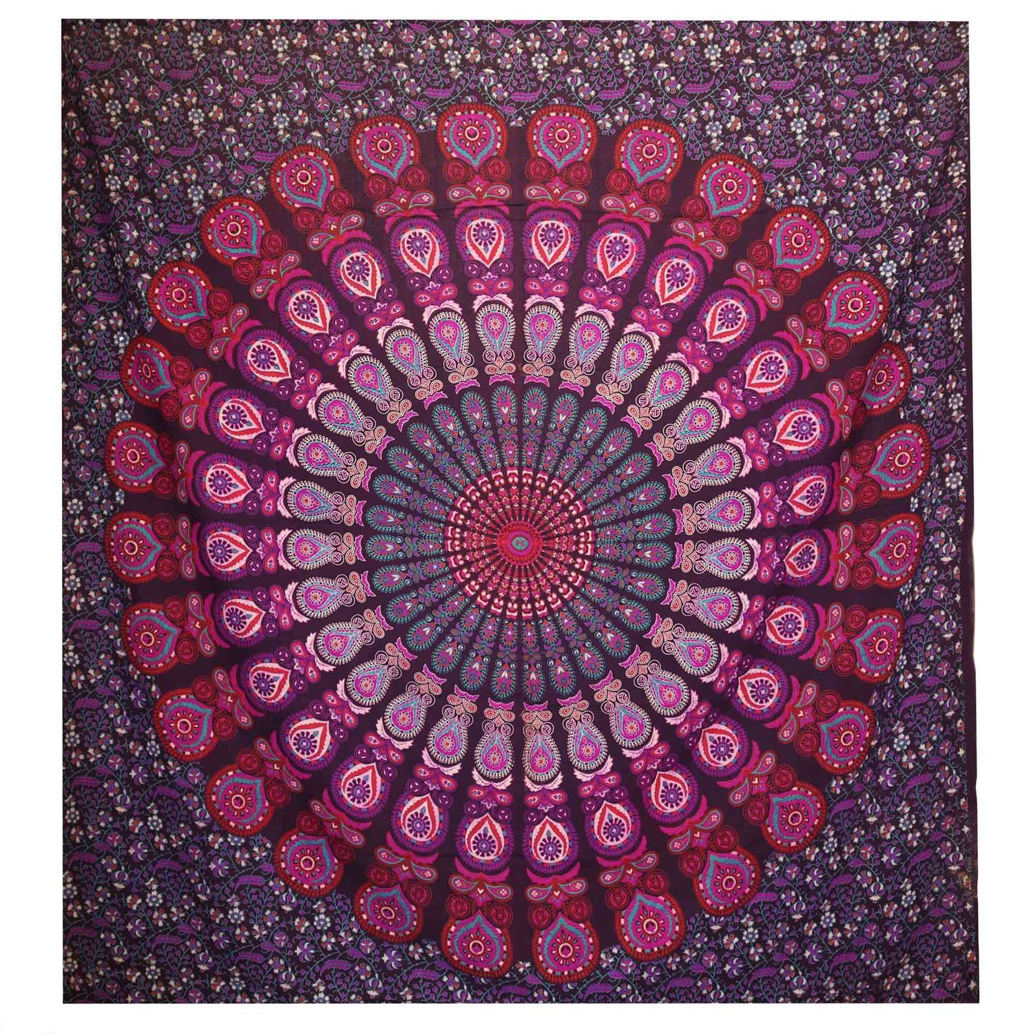 Double Cotton Bedspread + Wall Hanging - Peacock Mandala - Purple Double Cotton Bedspread + Wall Hanging - Peacock Mandala - Purple