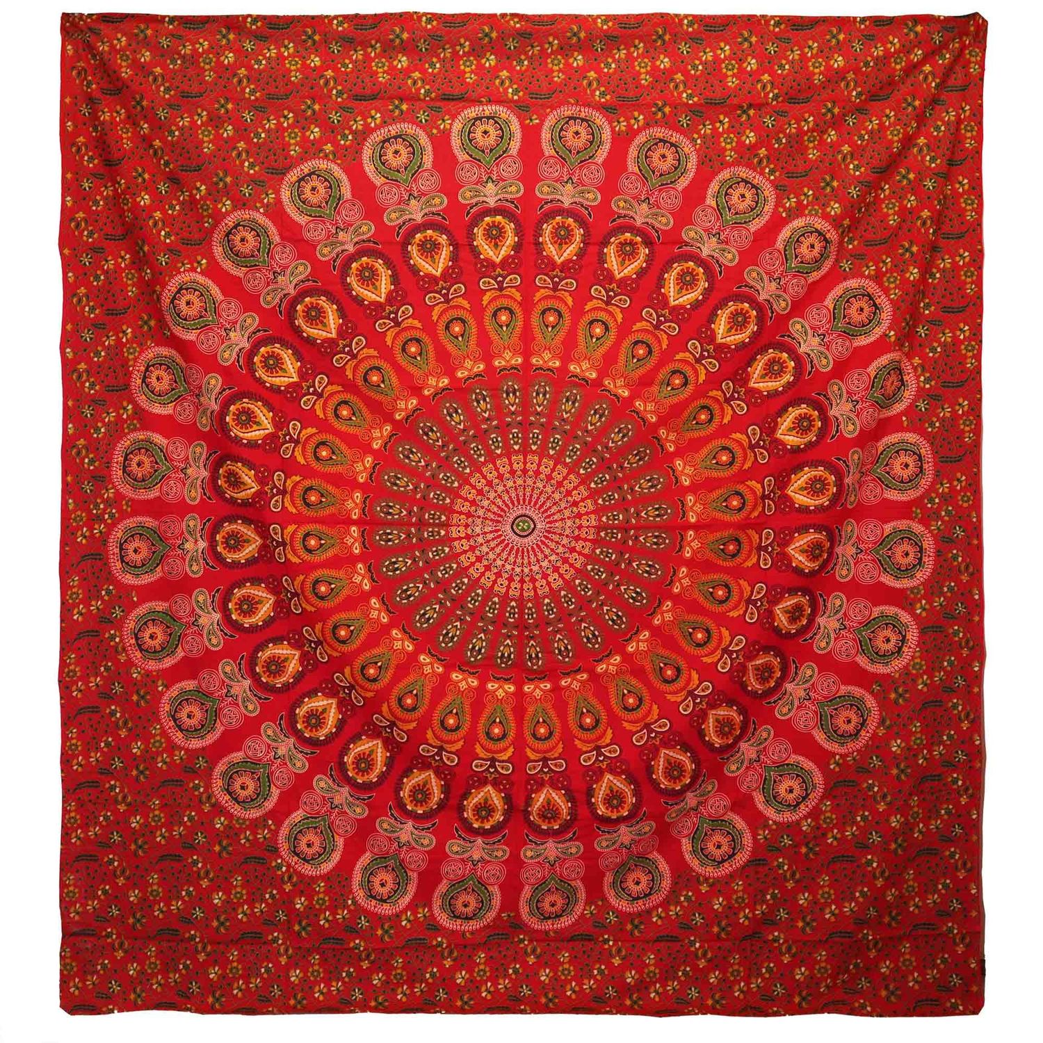Double Cotton Bedspread + Wall Hanging - Peacock Mandala - Red Double Cotton Bedspread + Wall Hanging - Peacock Mandala - Red