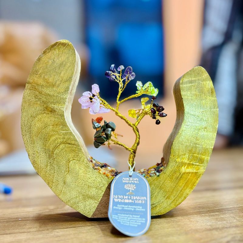 Gemstone Tree Garden - Mango Wood Open Ring - Seven Chakra - 60 chipstones Gemstone Tree Garden - Mango Wood Open Ring - Seven Chakra - 60 chipstones