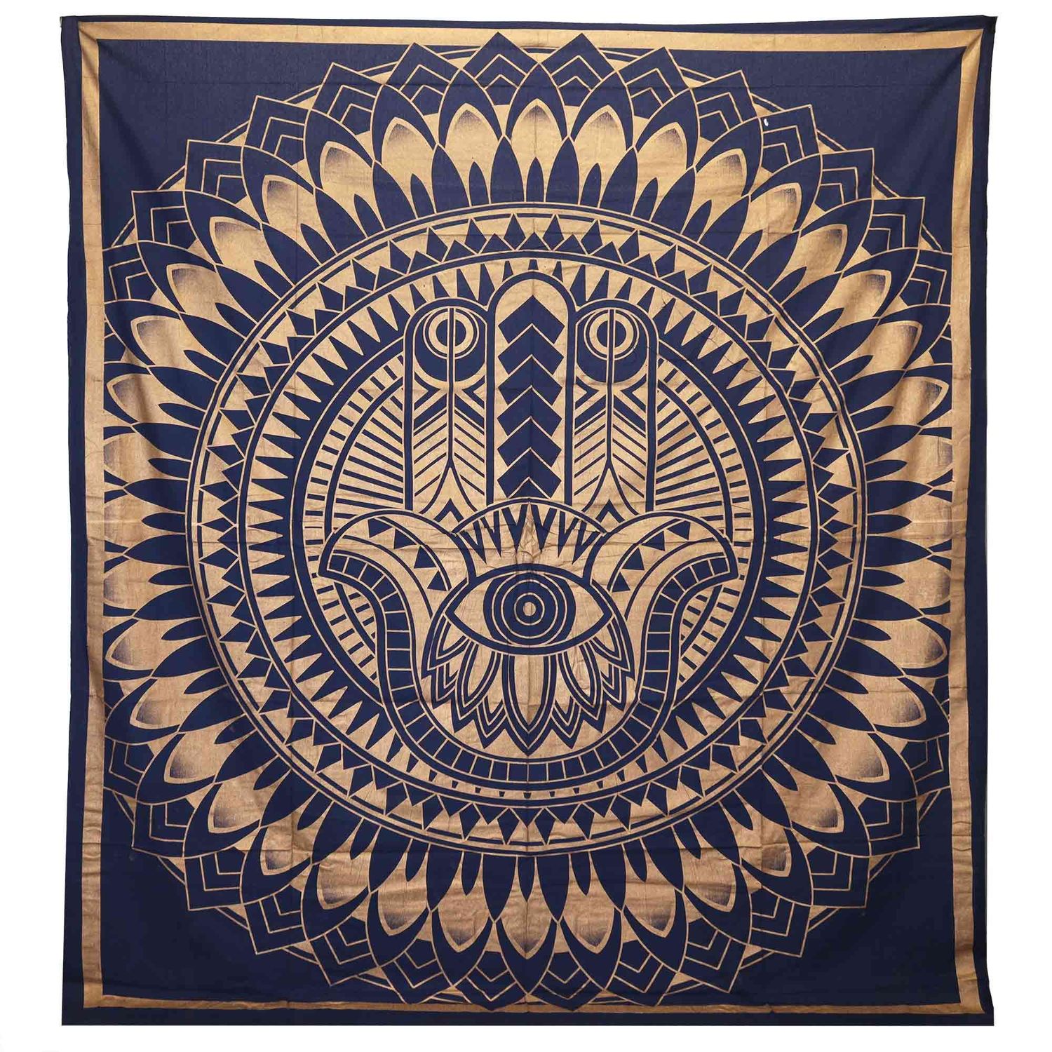 Double Cotton Bedspread + Wall Hanging - Hamsa - Blue Gold Double Cotton Bedspread + Wall Hanging - Hamsa - Blue Gold