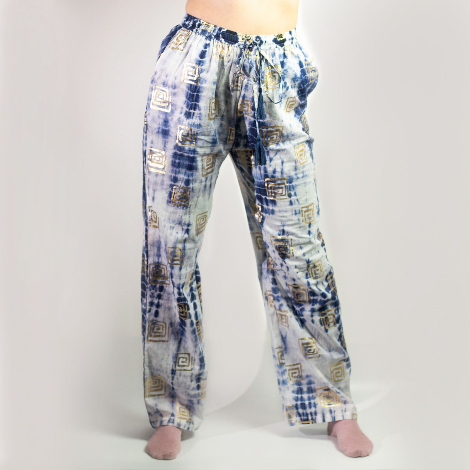 (ML) Nomad Sari On the Med Collection - Lounge Pants - Gold & Blue Greek Motiff - Handpainted (ML) Nomad Sari On the Med Collection - Lounge Pants - Gold & Blue Greek Motiff - Handpainted