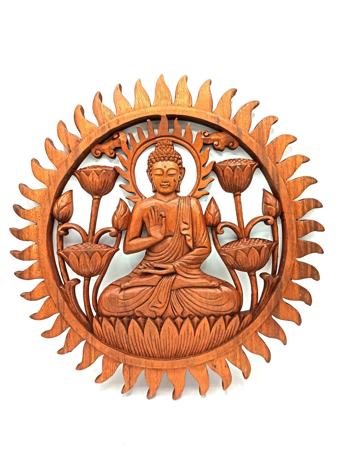 Suar Wood Buddha & Lotus Panel - 40cm Suar Wood Buddha & Lotus Panel - 40cm