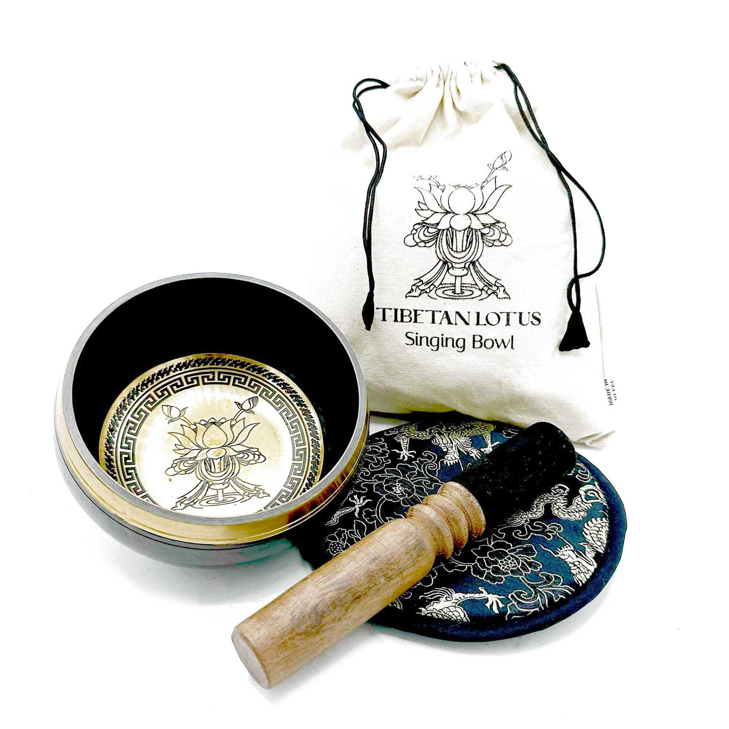 Hand Beaten & Engraved Singing Bowl Gift Set - 14cm - Lotus Flower Hand Beaten & Engraved Singing Bowl Gift Set - 14cm - Lotus Flower