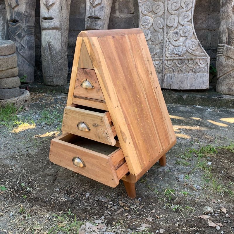Triangular 3 Drawer Storage - Made using recycled Teak from Retired Fishing Boats Triangular 3 Drawer Storage - Made using recycled Teak from Retired Fishing Boats