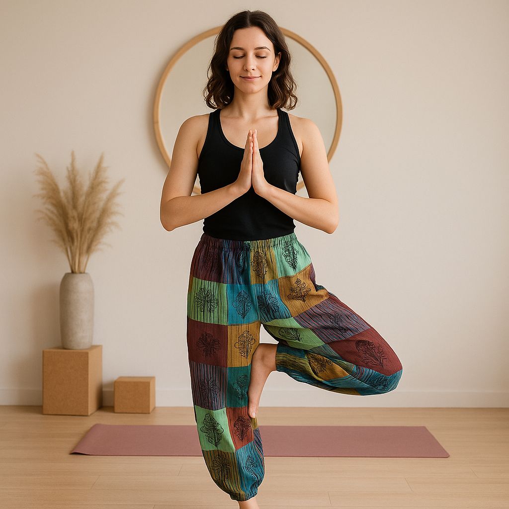 Nomad Sari - Mushroom Pants - Block Print Designs -Green Tones S/M Nomad Sari - Mushroom Pants - Block Print Designs -Green Tones S/M