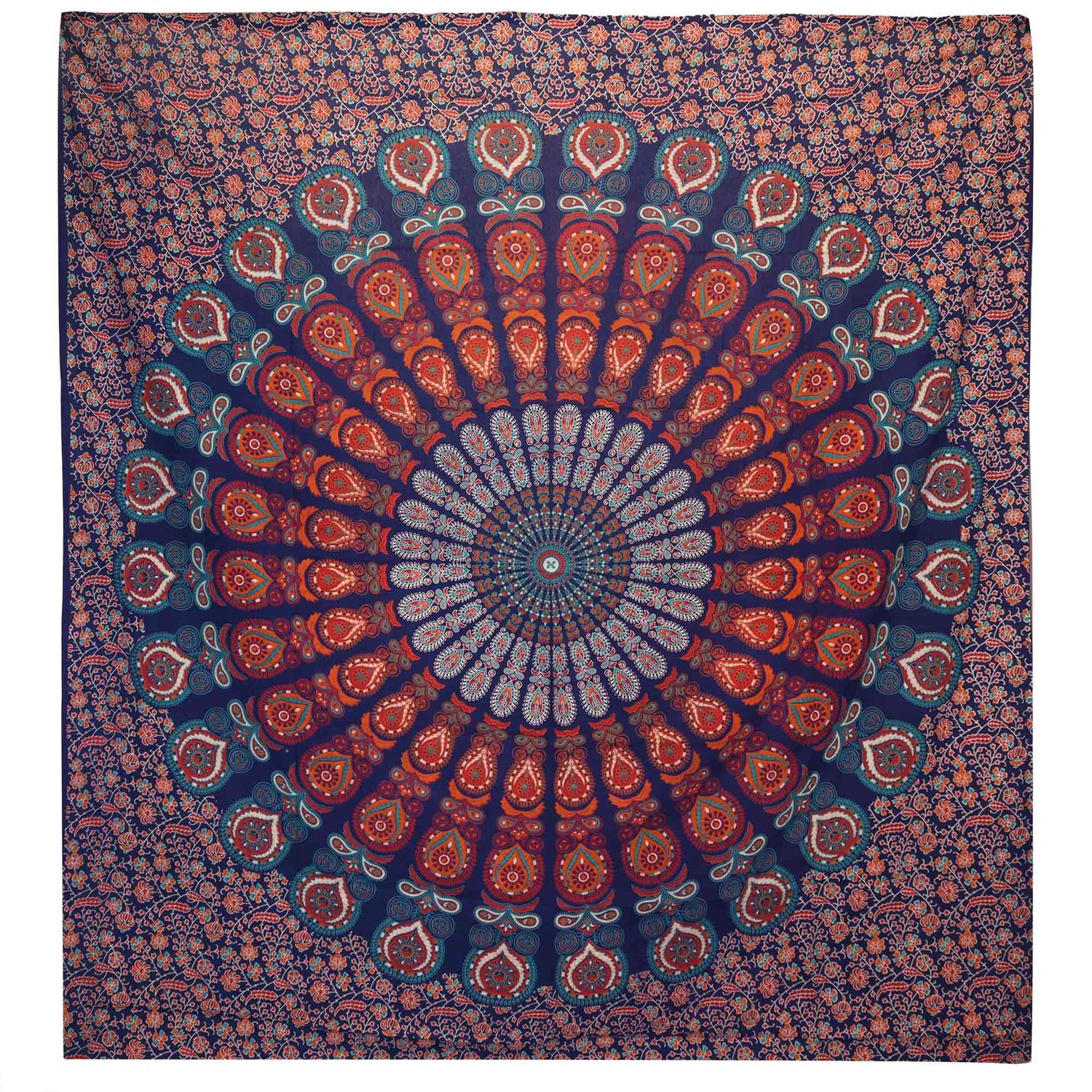 Double Cotton Bedspread + Wall Hanging - Peacock Mandala - Blue Double Cotton Bedspread + Wall Hanging - Peacock Mandala - Blue