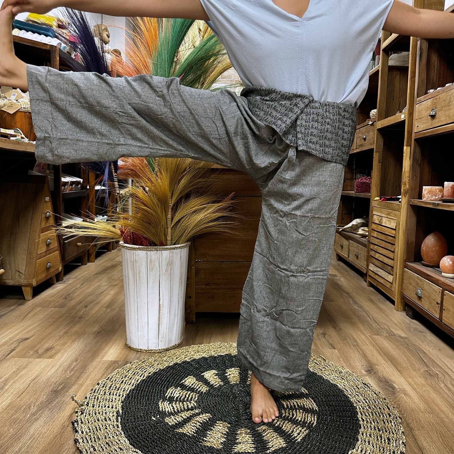 Yoga and Festival Pants - Thai Fisherman Mandala Mantra on Grey Yoga and Festival Pants - Thai Fisherman Mandala Mantra on Grey