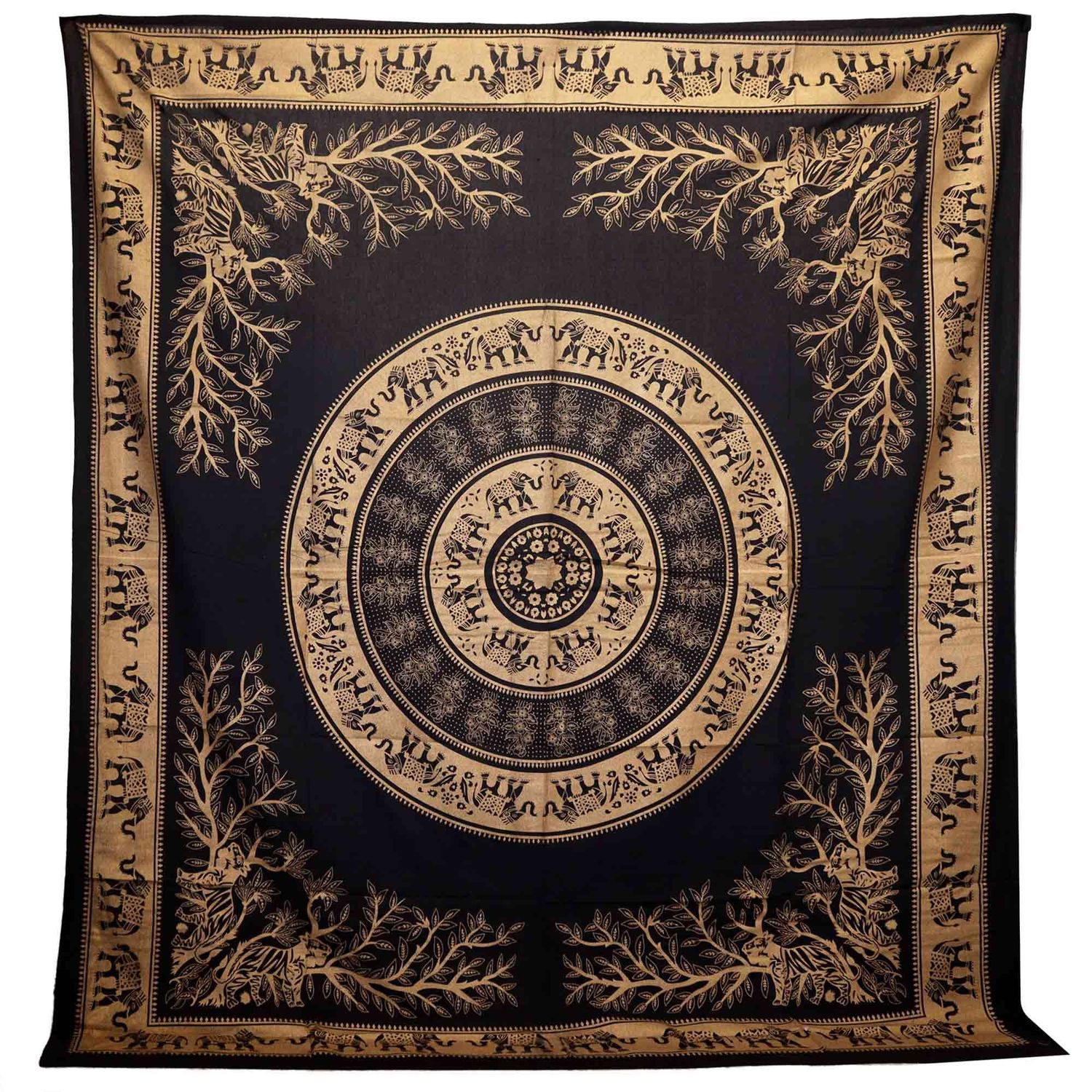 Double Cotton Bedspread + Wall Hanging - Elephant Jungle - Black Gold Double Cotton Bedspread + Wall Hanging - Elephant Jungle - Black Gold