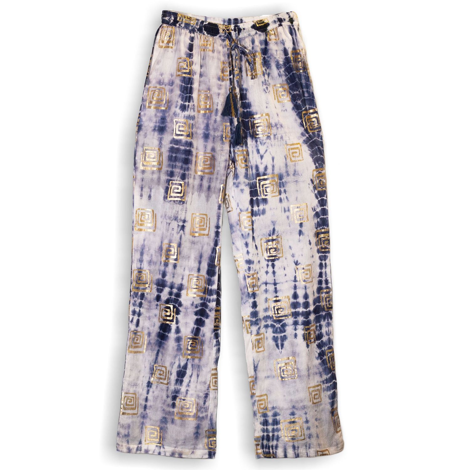 (LXL) Nomad Sari On the Med Collection - Lounge Pants - Gold & Blue Greek Motiff - Handpainted (LXL) Nomad Sari On the Med Collection - Lounge Pants - Gold & Blue Greek Motiff - Handpainted