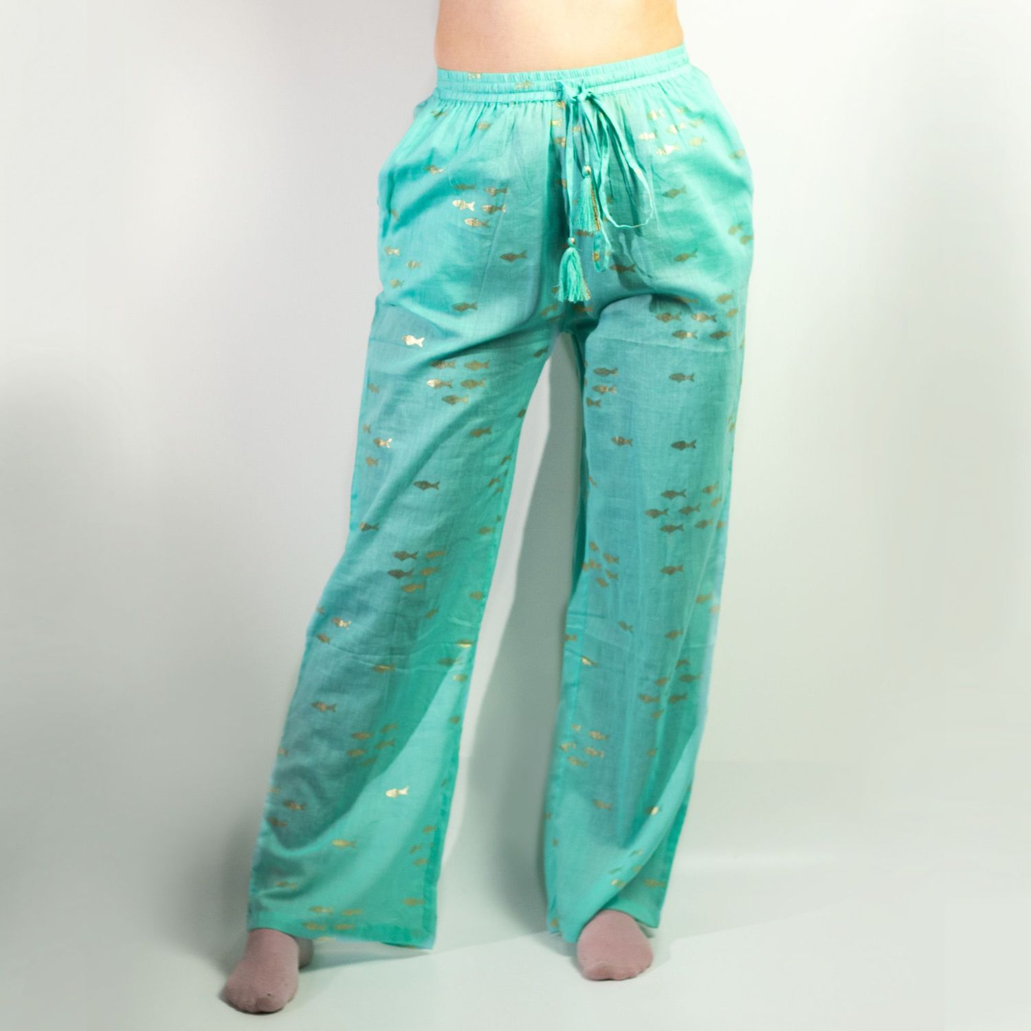 (LXL) Nomad Sari On the Med Collection - Lounge Pants - Turquoise & Gold Fish Design (LXL) Nomad Sari On the Med Collection - Lounge Pants - Turquoise & Gold Fish Design