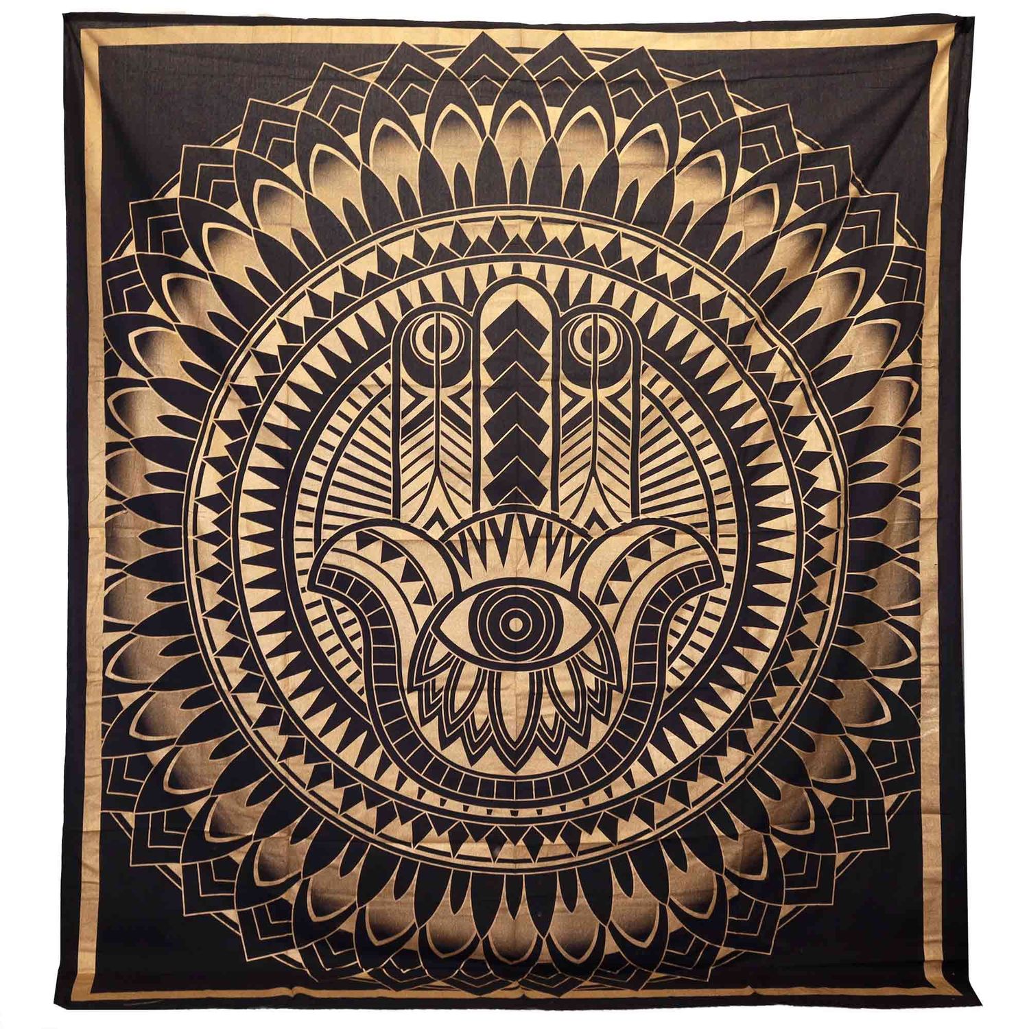 Double Cotton Bedspread + Wall Hanging - Hamsa - Black Gold Double Cotton Bedspread + Wall Hanging - Hamsa - Black Gold
