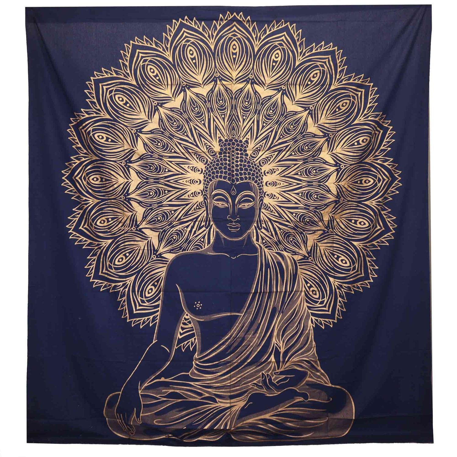 Double Cotton Bedspread + Wall Hanging - Buddha - Blue Gold Double Cotton Bedspread + Wall Hanging - Buddha - Blue Gold