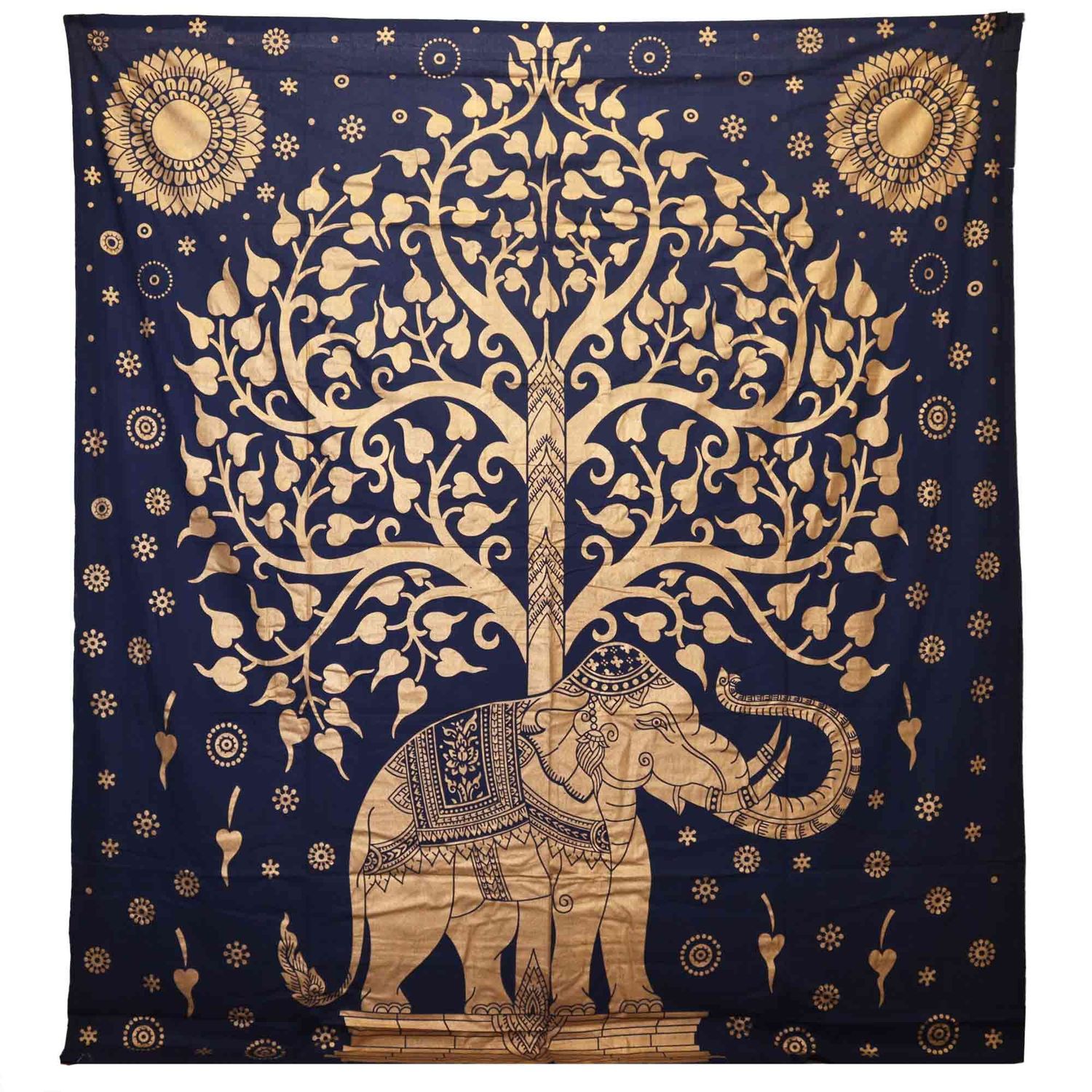 Double Cotton Bedspread + Wall Hanging - Elephant & Tree - Blue Gold Double Cotton Bedspread + Wall Hanging - Elephant & Tree - Blue Gold