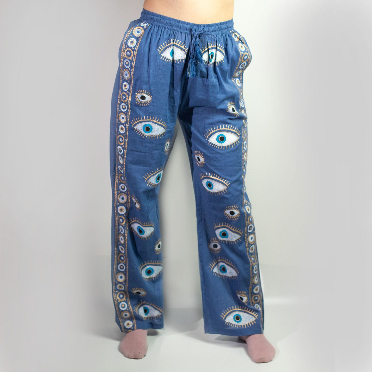 (ML) Nomad Sari On the Med Collection - Lounge Pants - Rich Blue & Gold Hand Painted Evil Eye Design (ML) Nomad Sari On the Med Collection - Lounge Pants - Rich Blue & Gold Hand Painted Evil Eye Design