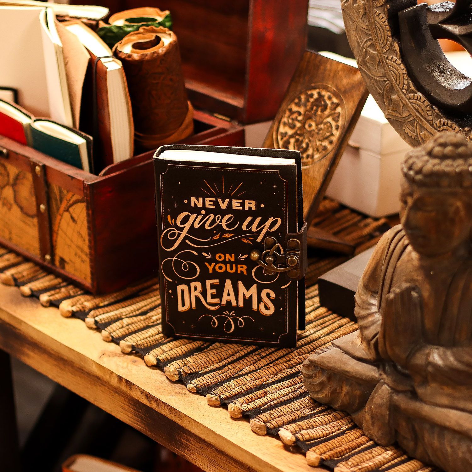 Leather Printed Notebook – Never Give Up On Your Dreams - 17.8×12.7 cm Leather Printed Notebook – Never Give Up On Your Dreams - 17.8×12.7 cm