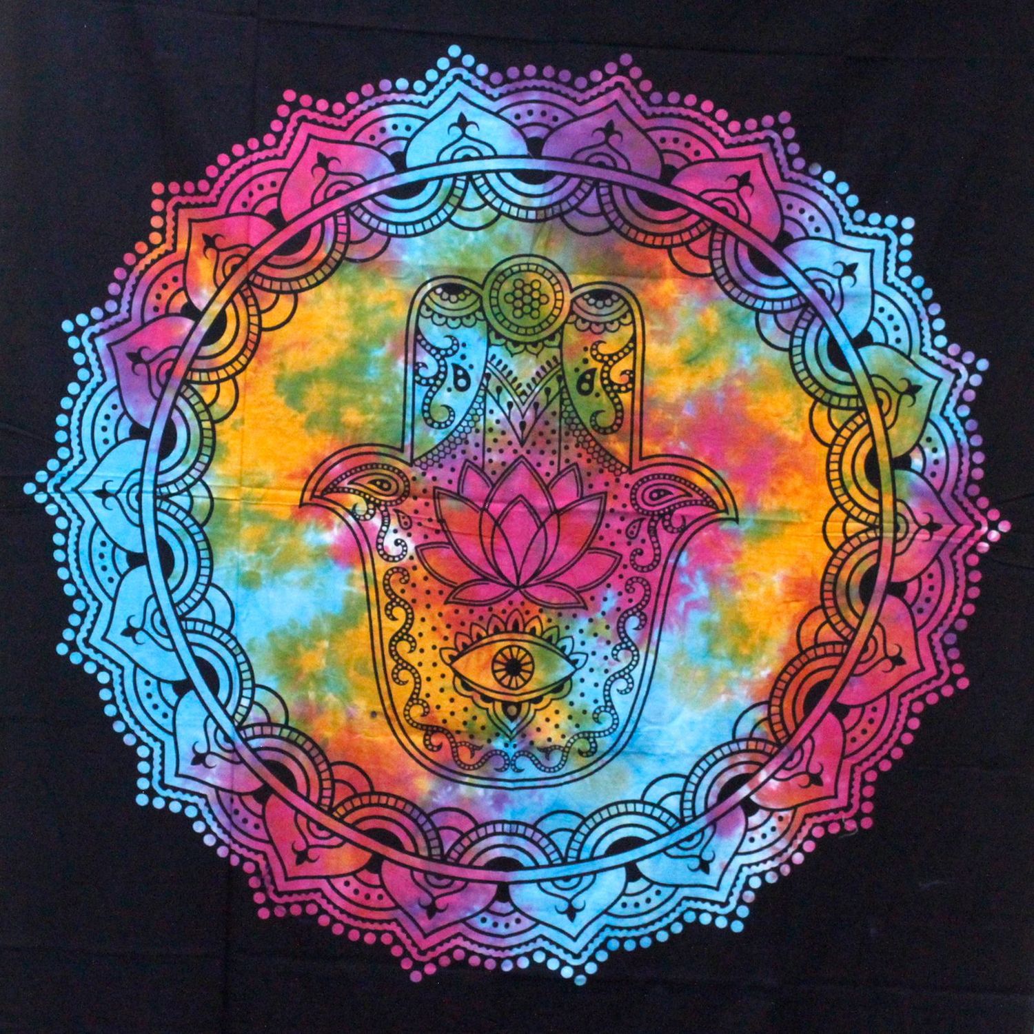 Double Cotton Bedspread + Wall Hanging - Black Hamsa Double Cotton Bedspread + Wall Hanging - Black Hamsa