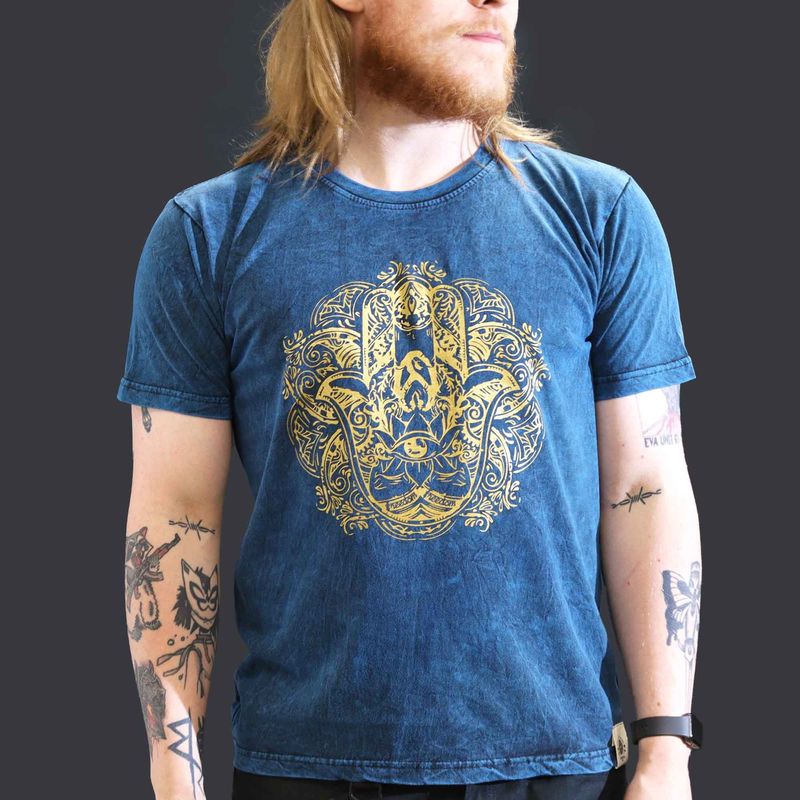 Large Stone Washed T-Shirt - Hamsa - Blue Large Stone Washed T-Shirt - Hamsa - Blue