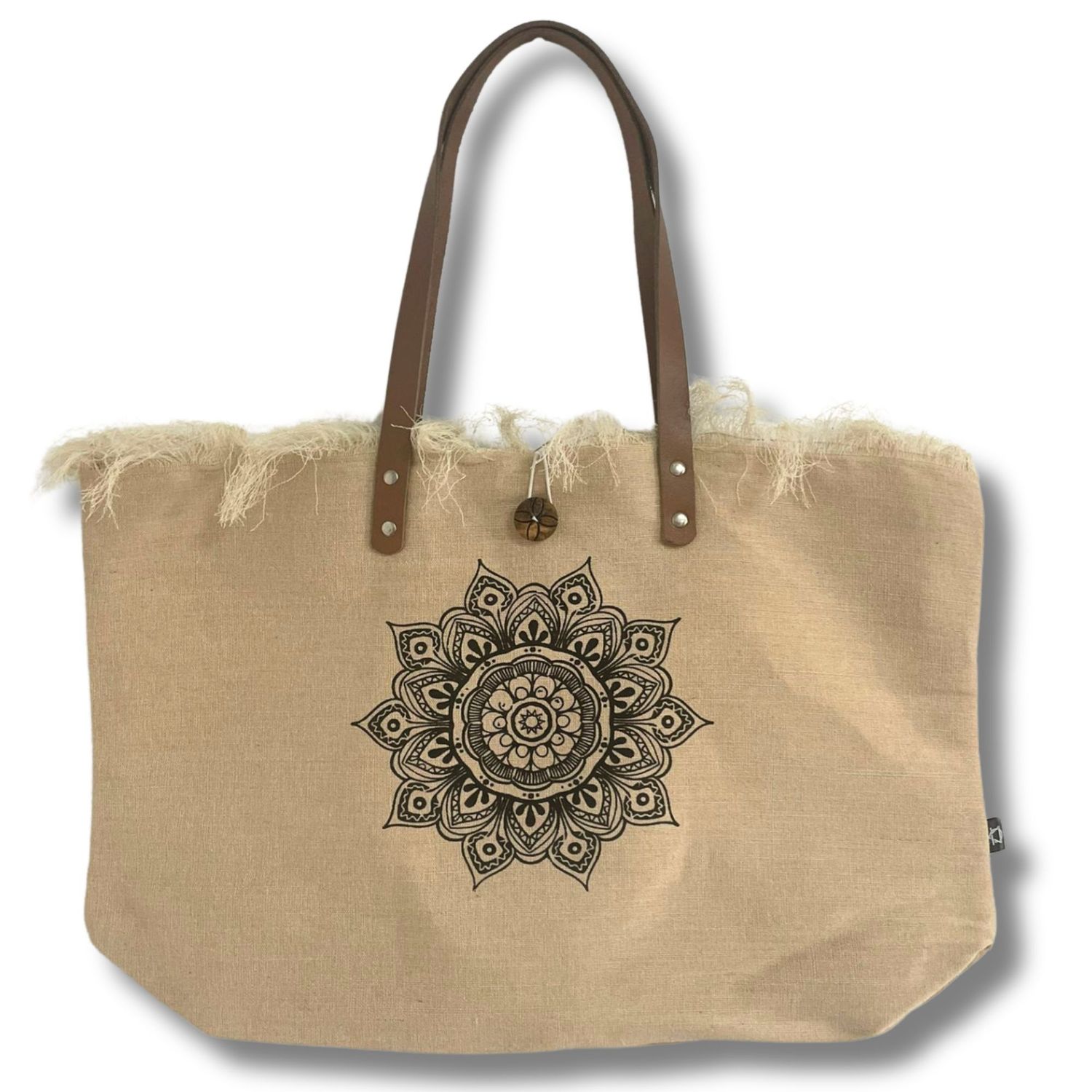 Natural Tote Bag Leather Handle - Flower of Life Natural Tote Bag Leather Handle - Flower of Life