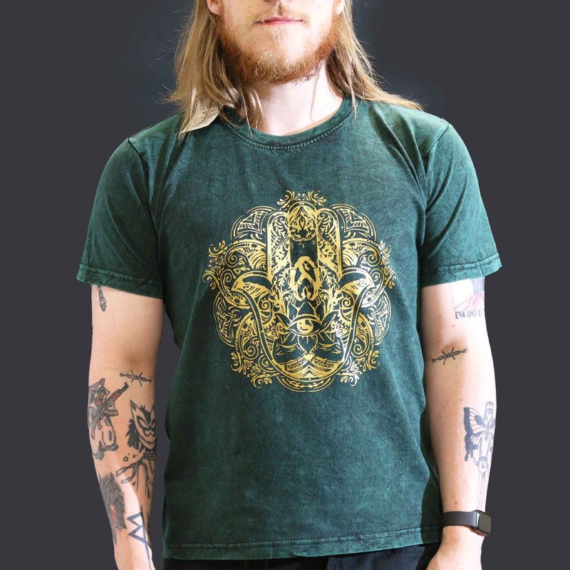 Large Stone Washed T-Shirt - Hamsa - Green Large Stone Washed T-Shirt - Hamsa - Green