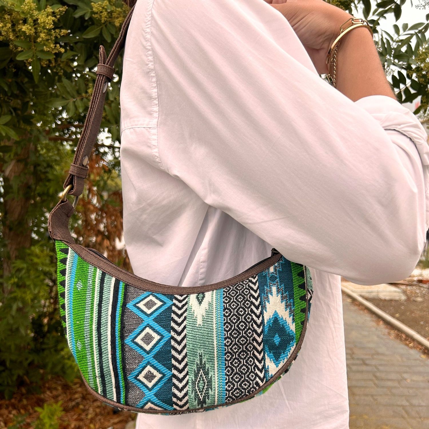Jacquard Hobo Bag - Bold Greens (brown strap) Jacquard Hobo Bag - Bold Greens (brown strap)