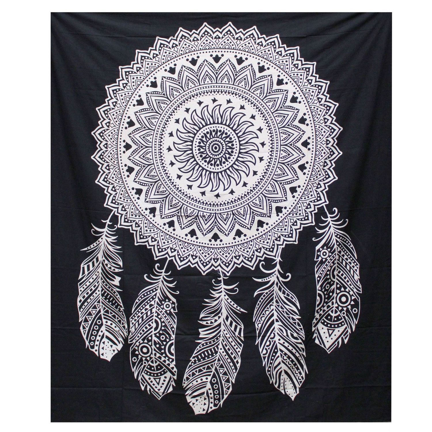 B&W Double Cotton Bedspread + Wall Hanging - Dreamcatcher B&W Double Cotton Bedspread + Wall Hanging - Dreamcatcher