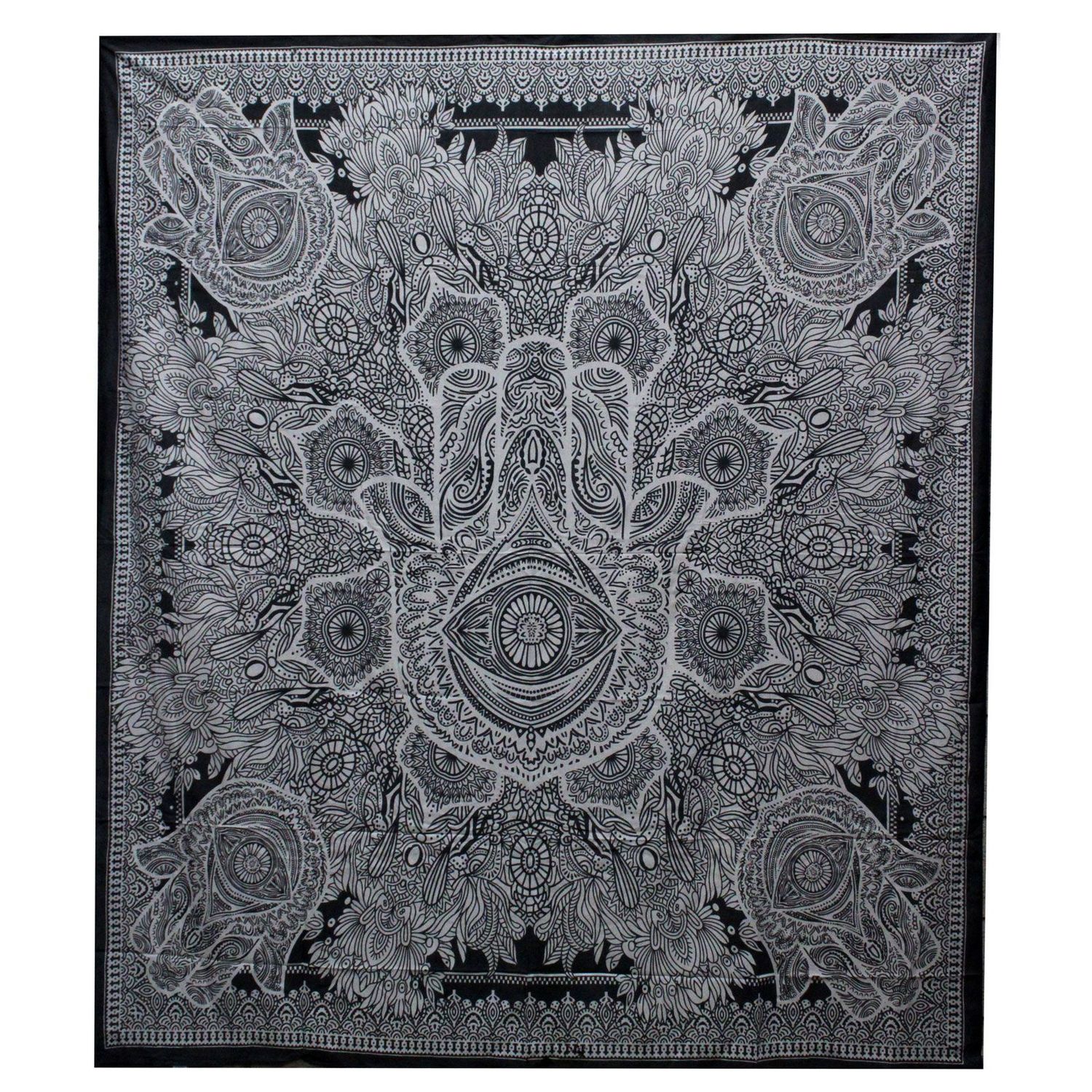 B&W Double Cotton Bedspread + Wall Hanging - Hamsa B&W Double Cotton Bedspread + Wall Hanging - Hamsa