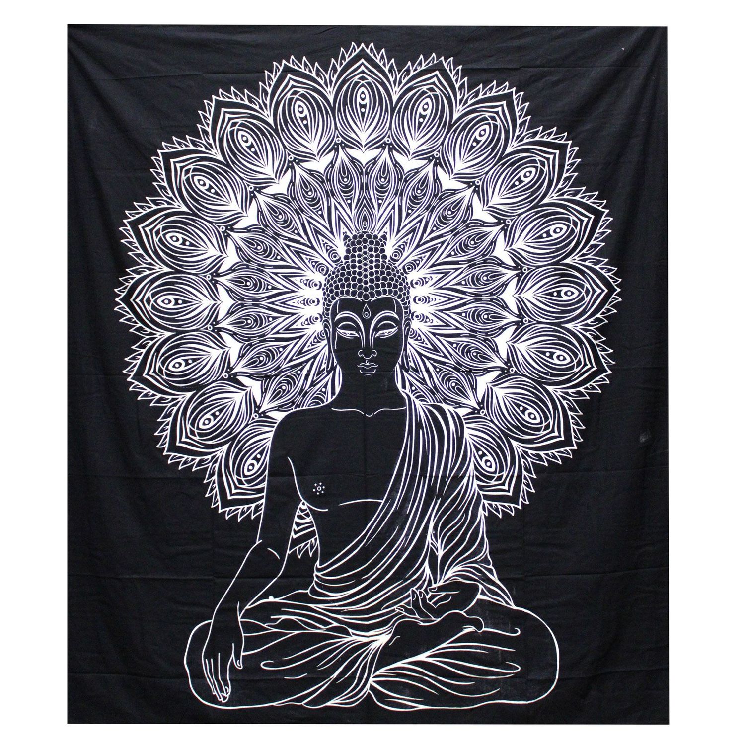 B&W Double Cotton Bedspread + Wall Hanging - Buddha B&W Double Cotton Bedspread + Wall Hanging - Buddha