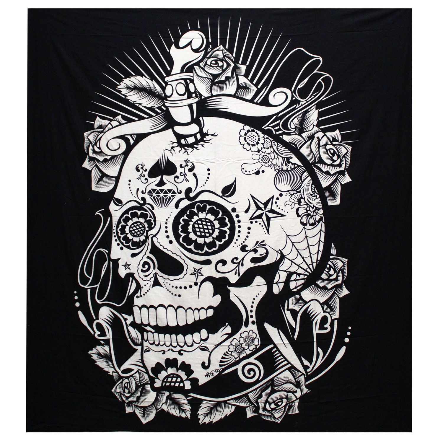 B&W Double Cotton Bedspread + Wall Hanging - Rose Skull B&W Double Cotton Bedspread + Wall Hanging - Rose Skull