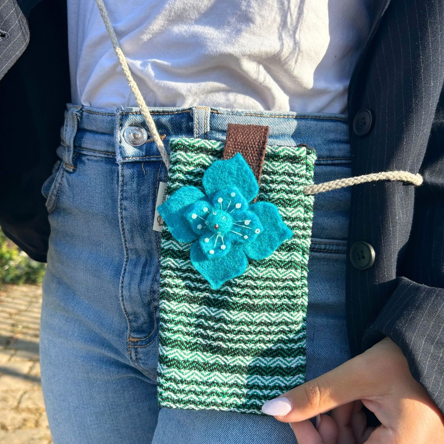 Phone Holder Bag Stripes Green - flower decor Phone Holder Bag Stripes Green - flower decor