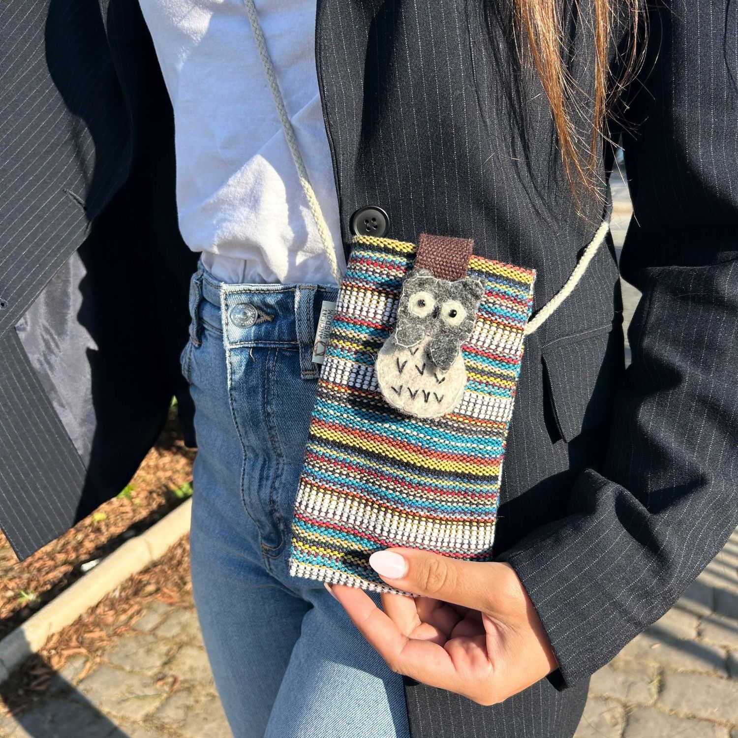 Phone Holder Bag Stripes Multi and White - owl decor Phone Holder Bag Stripes Multi and White - owl decor