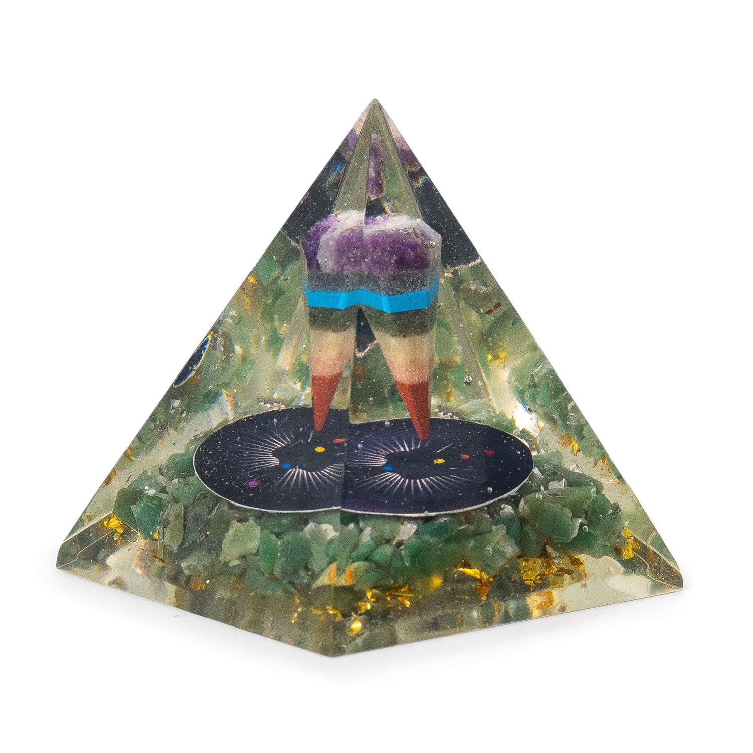 Med Organite Pryamids 7x6cm - Pendulum - Green Adventurine Chips Med Organite Pryamids 7x6cm - Pendulum - Green Adventurine Chips