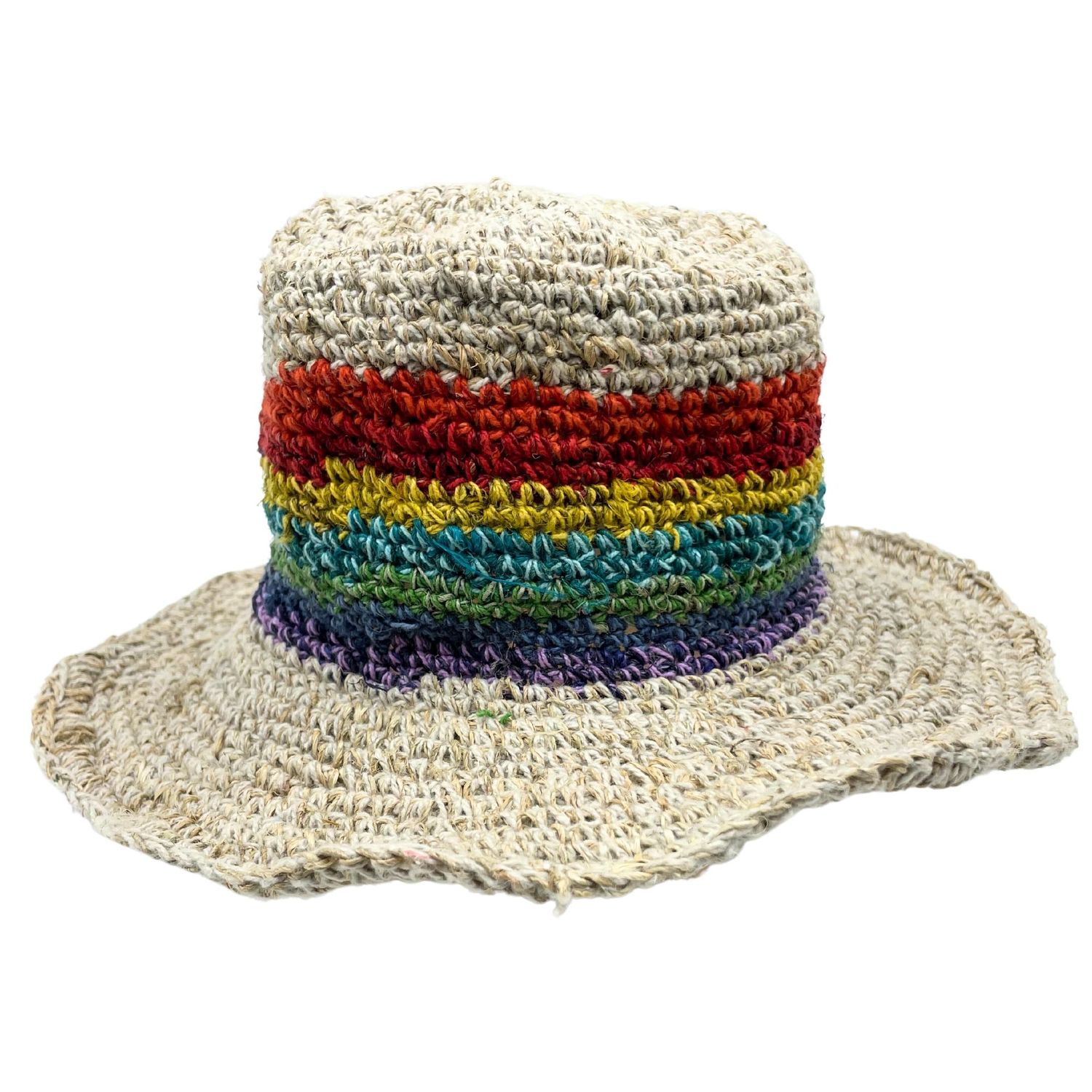 Hand-Knited Hemp & Cotton Boho Festival Hat - Rainbow Hand-Knited Hemp & Cotton Boho Festival Hat - Rainbow